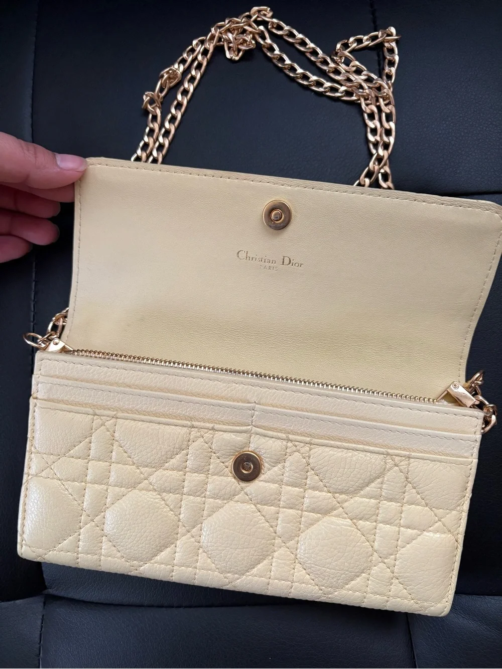 Christian Dior Cannage leather long wallet on chain in pale yellow - Picture 4 of 9